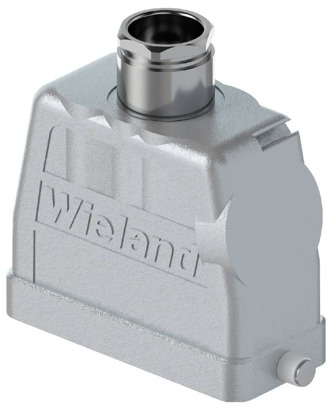 Metalno kućište električnog konektora s ugravirenim natpisom 'Wieland'.