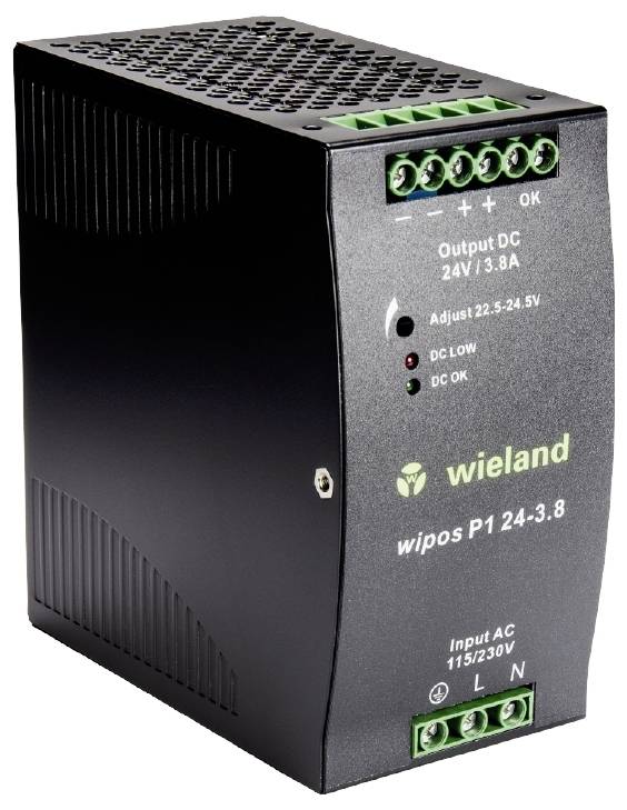 Crni mrežni adapter od Wielanda s oznakom 'wipos P1 24-3.8'. Ima 'Output DC 24V/3.8A' i zelene priključne stezaljke.