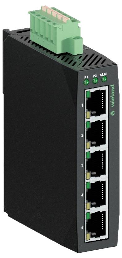 Crni mrežni switch sa šest Ethernet priključaka i zelenim blokom za spajanje na vrhu. LED indikatori prikazuju trenutni status uređaja.