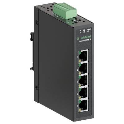 Crni Ethernet-switch 'wieland wienet UMS 5' s pet mrežnih priključaka i zelenom terminalnom blokom na vrhu.