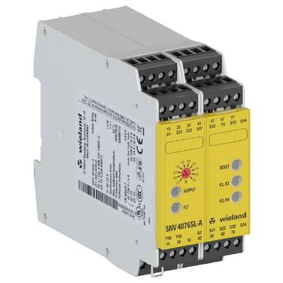 Sigurnosni relej tvrtke Wieland Electric sa žutim kućištem i više priključaka, model SNV 4076SL-A.