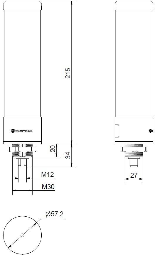 Tehnički nacrt cilindričnog senzora s mjerama. Visina 215 mm, promjer 57,2 mm, mjere navoja: M12 i M30.