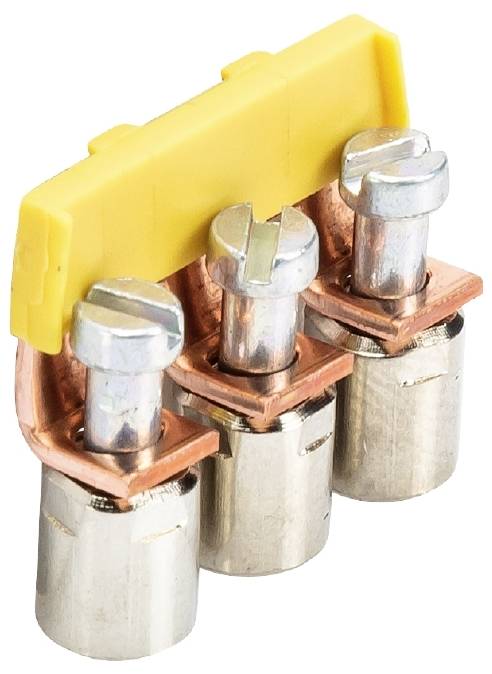 Tri metalna priključka s žutim plastičnim dijelom na vrhu, međusobno povezana bakrenim elementima. Električne stezaljke za spajanje vodova.