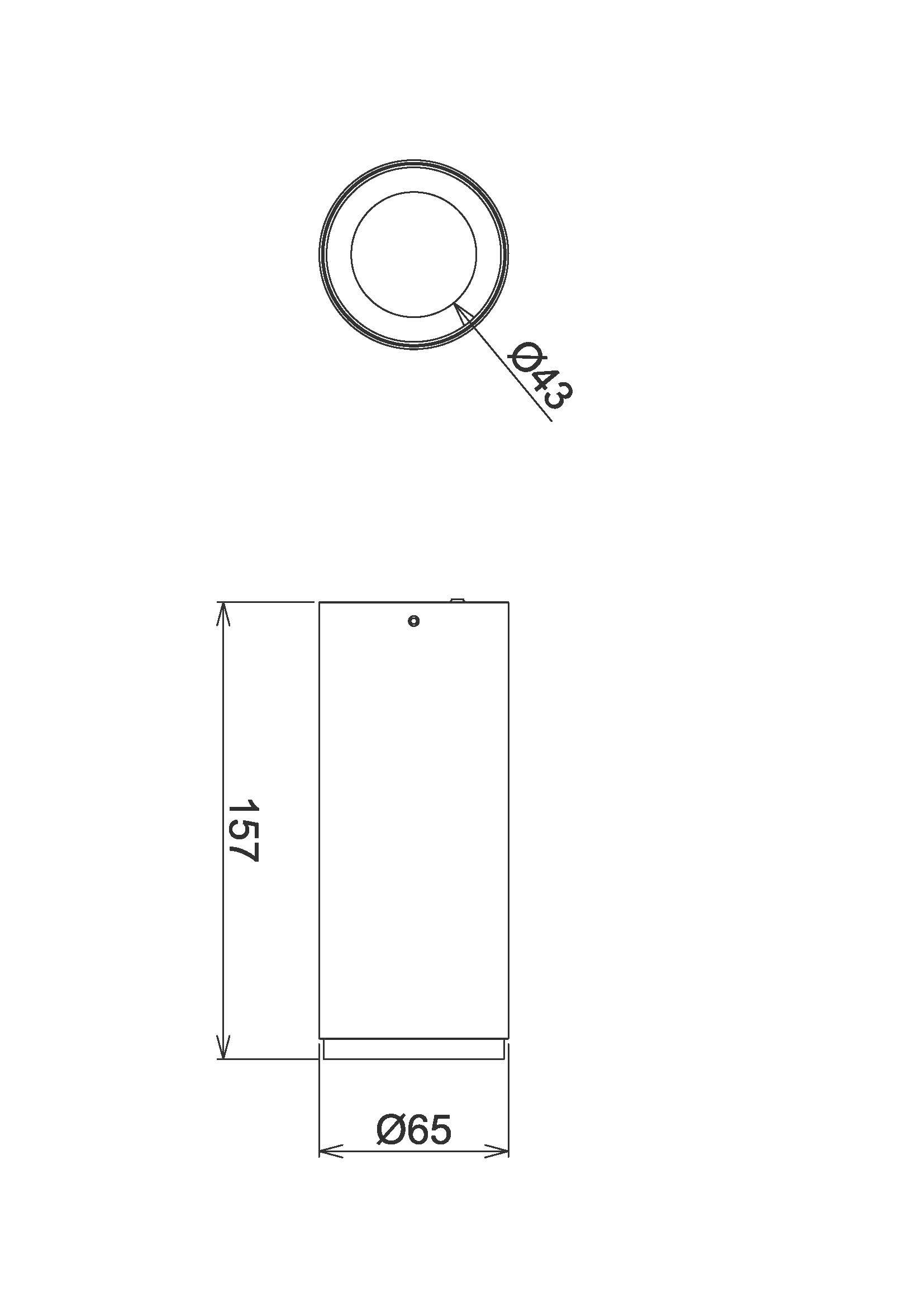 Tehnički nacrt cilindričnog objekta visine 157 mm i promjera 65 mm, te manjeg promjera od 43 mm.