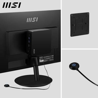 MSI QUBI uređaj montiran na stražnjoj strani monitora, pored zidnog nosača i s povezanim žičanim prekidačem.