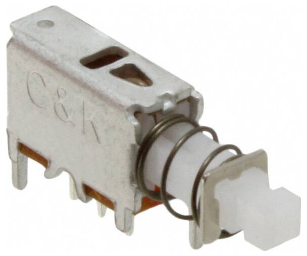 Mali elektronički potisni gumb izrađen od metala i plastike s izloženim terminalima i vidljivom oprugom, koji se koristi za upravljanje strujnim kolom.