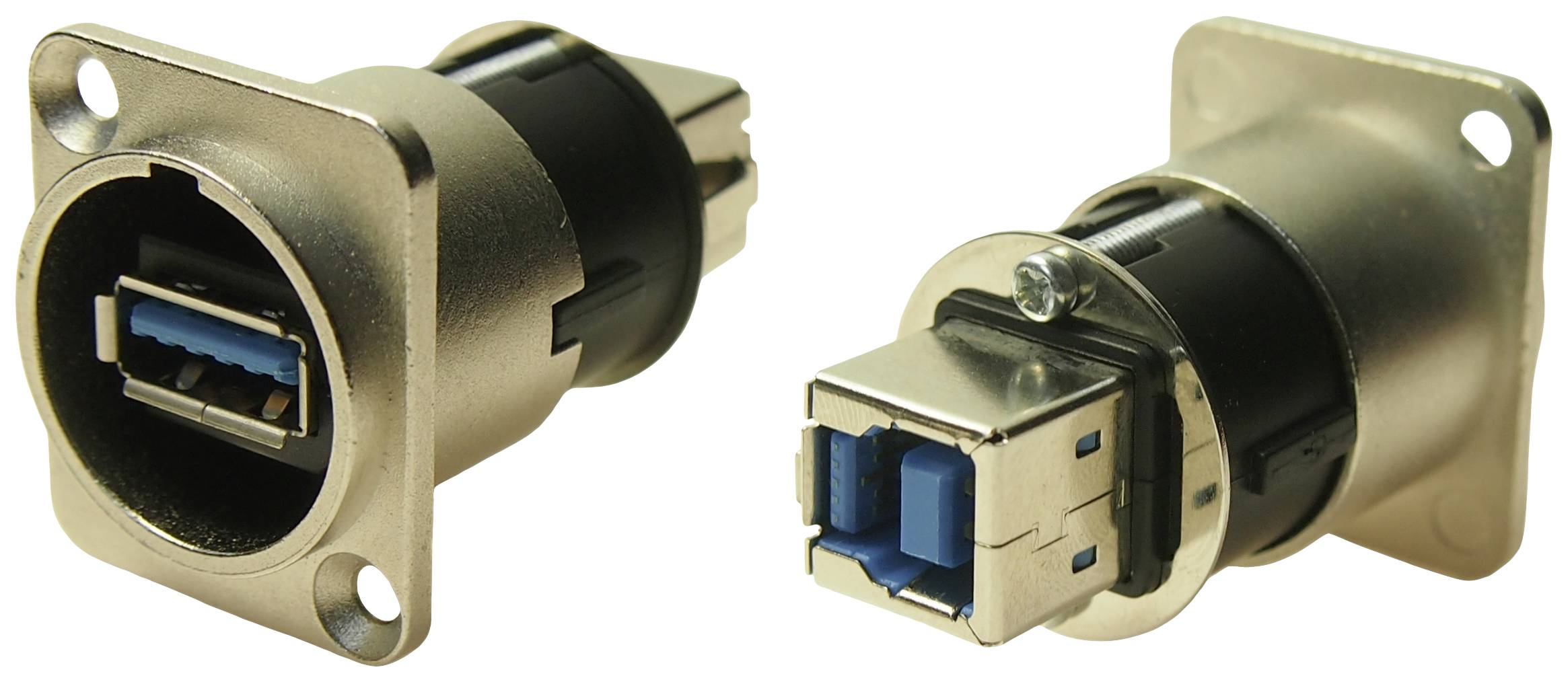 Dva USB priključka u metalnom kućištu, jedan pogledan sprijeda, a drugi straga. Pogodan za čvrste spojeve i ugradnju.