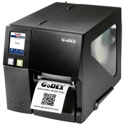 Godex-pisač štampa barkod naljepnicu s QR-kodom. Zaslon prikazuje status "Spremno". Crn, kompaktan za komercijalnu upotrebu.