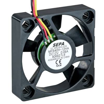 Mali, crni, kvadratni računalni ventilator s četiri kabela; na naljepnici piše 'SEPA DC Brushless, 12V, 0,08A'.