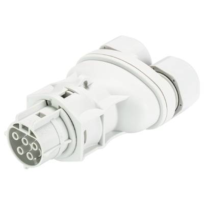Bijeli, okrugli utikač s nekoliko pins-ova za električne spojeve, prikazan na bijeloj pozadini.