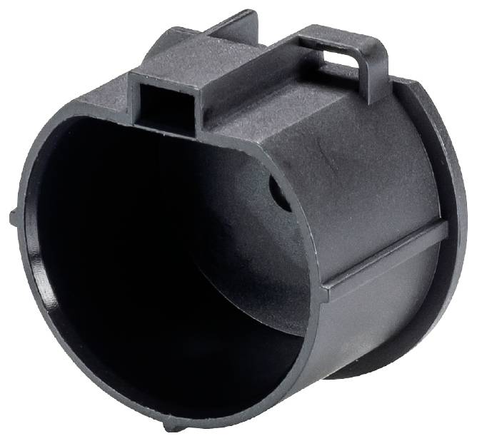 Crni, cilindrični plastični dio s pravokutnim otvorima i glatkom površinom.