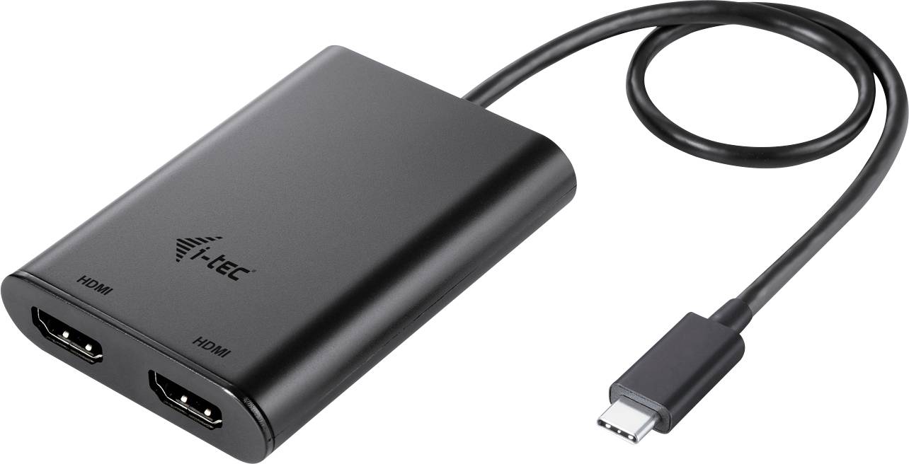 Crni adapter s dva HDMI priključka i USB-C kabelom, pogodan za povezivanje uređaja putem HDMI-ja.