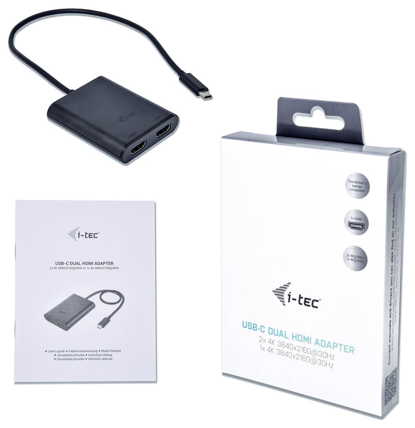 USB-C Dual HDMI Adapter od i-teca, prikazani su adapter, ambalaža i upute. Podržava 2x 4K pri 30 Hz ili 1x 4K pri 60 Hz.