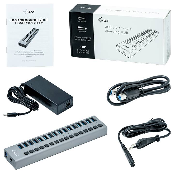 USB 3.0 16-portni punjivi hub set sa strujnim adapterom, USB kabelom i kutijom. Uređaj nudi višestruke priključke za punjenje elektroničkih uređaja.