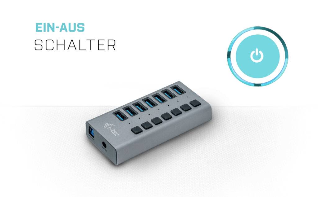 USB hub sa sedam plavih USB 3.0 priključaka i prekidačima za uključivanje/isključivanje. Gore desno je prikazan simbol napajanja.