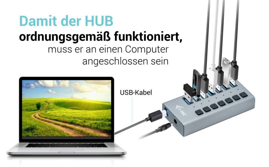 Prijenosno računalo je povezano s USB čvorištem. Tekst navodi da čvorište mora ispravno funkcionirati i mora biti priključeno na računalo.