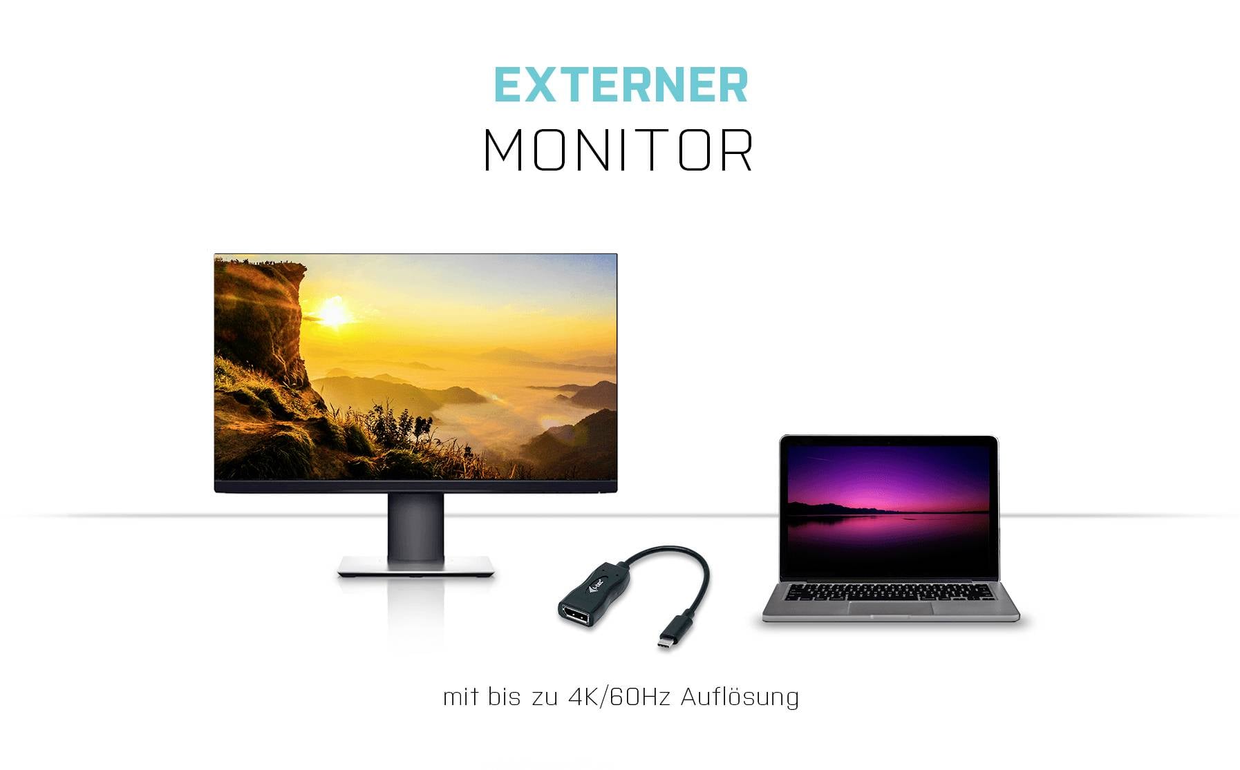 Vanjski monitor prikazuje zalazak sunca na zaslonu. Pored monitora stoji prijenosno računalo. Između njih leži HDMI kabel.