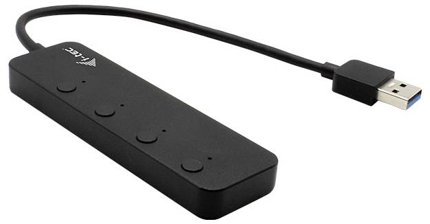USB hub s četiri priključka i kratkim kabelom. Pogodan za proširenje USB konektivnosti računala.