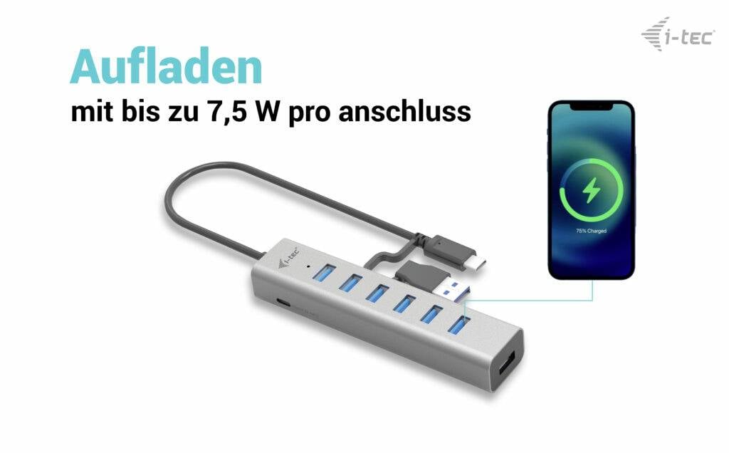 Punjenje do 7,5 W po priključku pokraj prikaza USB razvodnika koji je spojen na smartphone koji se upravo puni.