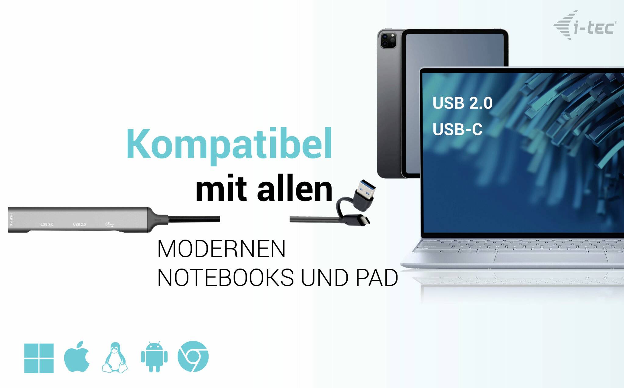 Kompatibilan sa svim modernim prijenosnicima i padovima prikazuje laptop, tablet i USB uređaje. Logotipi na donjem rubu pokazuju kompatibilnost s različitim operativnim sustavima.