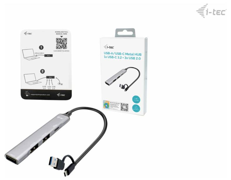 USB-C hub od i-teca s više priključaka, uključujući USB 3.2 i USB 2.0. Pakiranja sadrži prikaze proizvoda i QR kod.