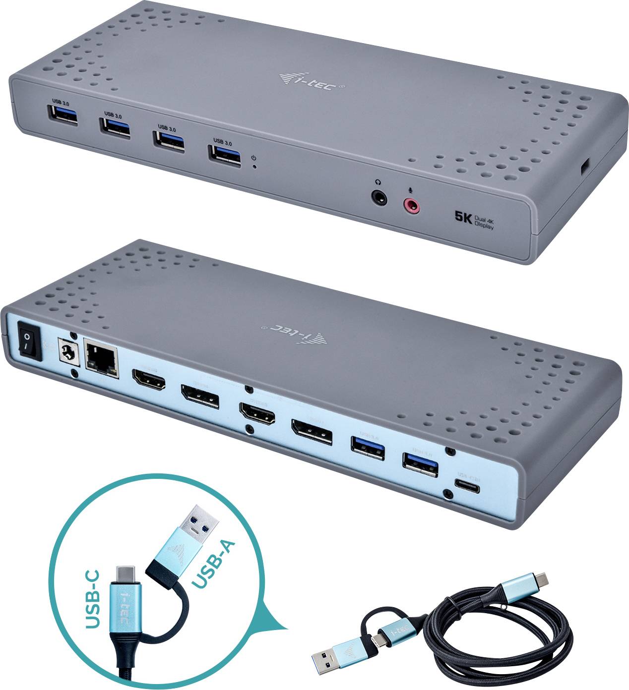 Siva USB dokovna stanica s više priključaka, uključujući HDMI, USB-C, Ethernet i Audio. Sadržava i kabel s USB-C i USB-A krajevima.