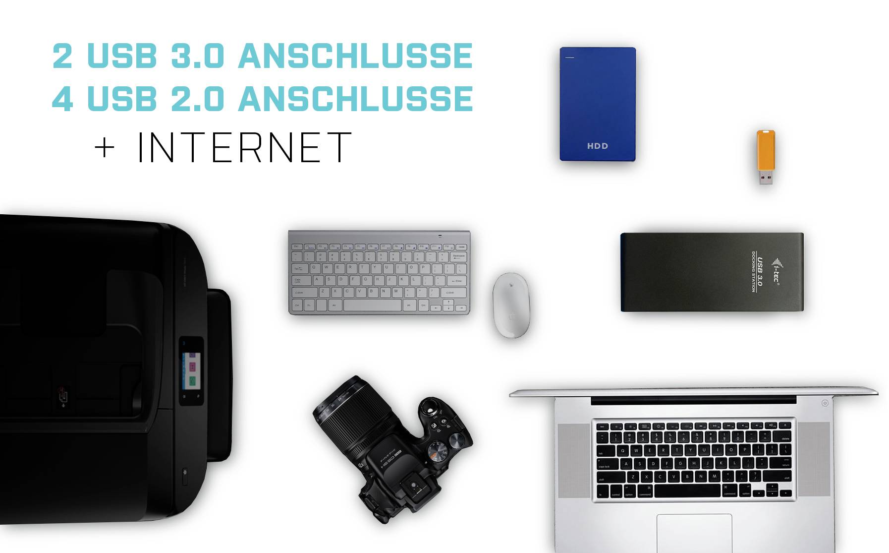 Prijenosno računalo, pisač, kamera i periferni uređaji na bijeloj pozadini s tekstom: 2 USB 3.0 priključka, 4 USB 2.0 priključka + Internet.