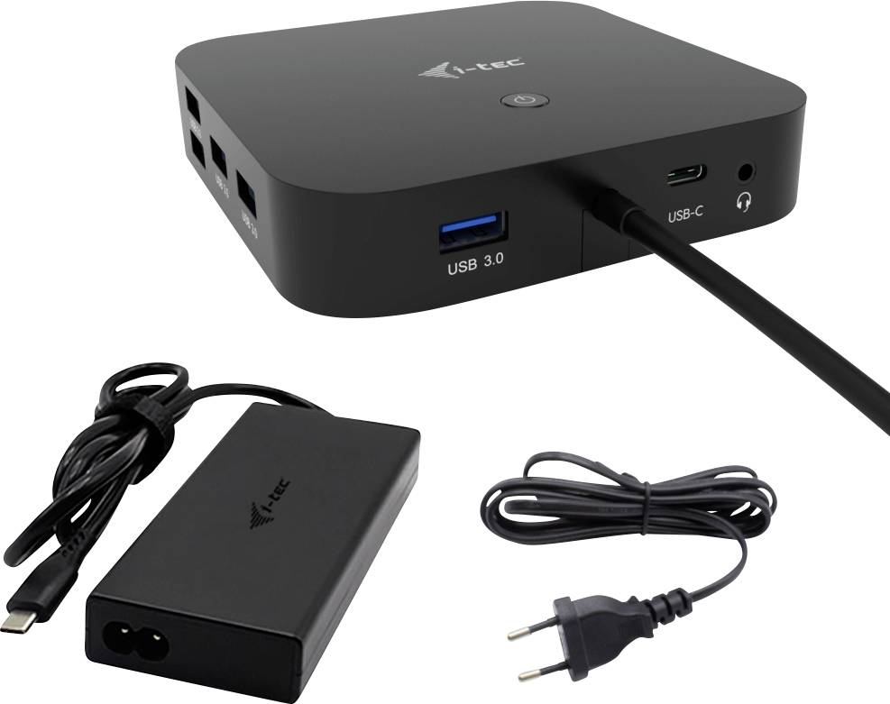 Crni USB-C dok-stanica s više priključaka, uključujući USB 3.0 i USB-C, pokraj kojeg se nalaze napajanje i električni kabel.