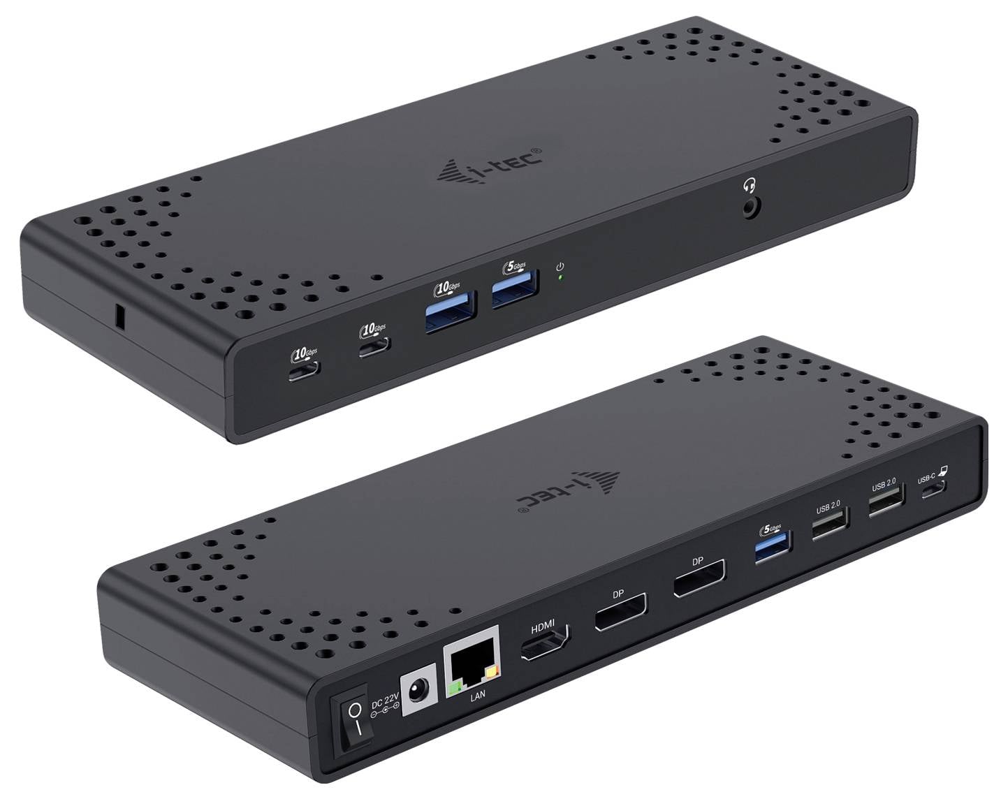 Crna stanica za povezivanje s više priključaka, uključujući USB-C, USB-A, HDMI, LAN i Audio. Pogodna za proširenu povezivost.