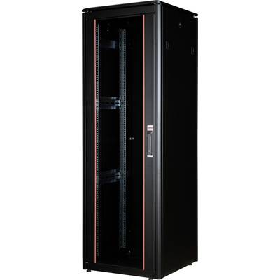 Crni ormar za server s prozirnim prednjim panelom i crvenim naglascima. Idealan za sigran smještaj IT opreme.