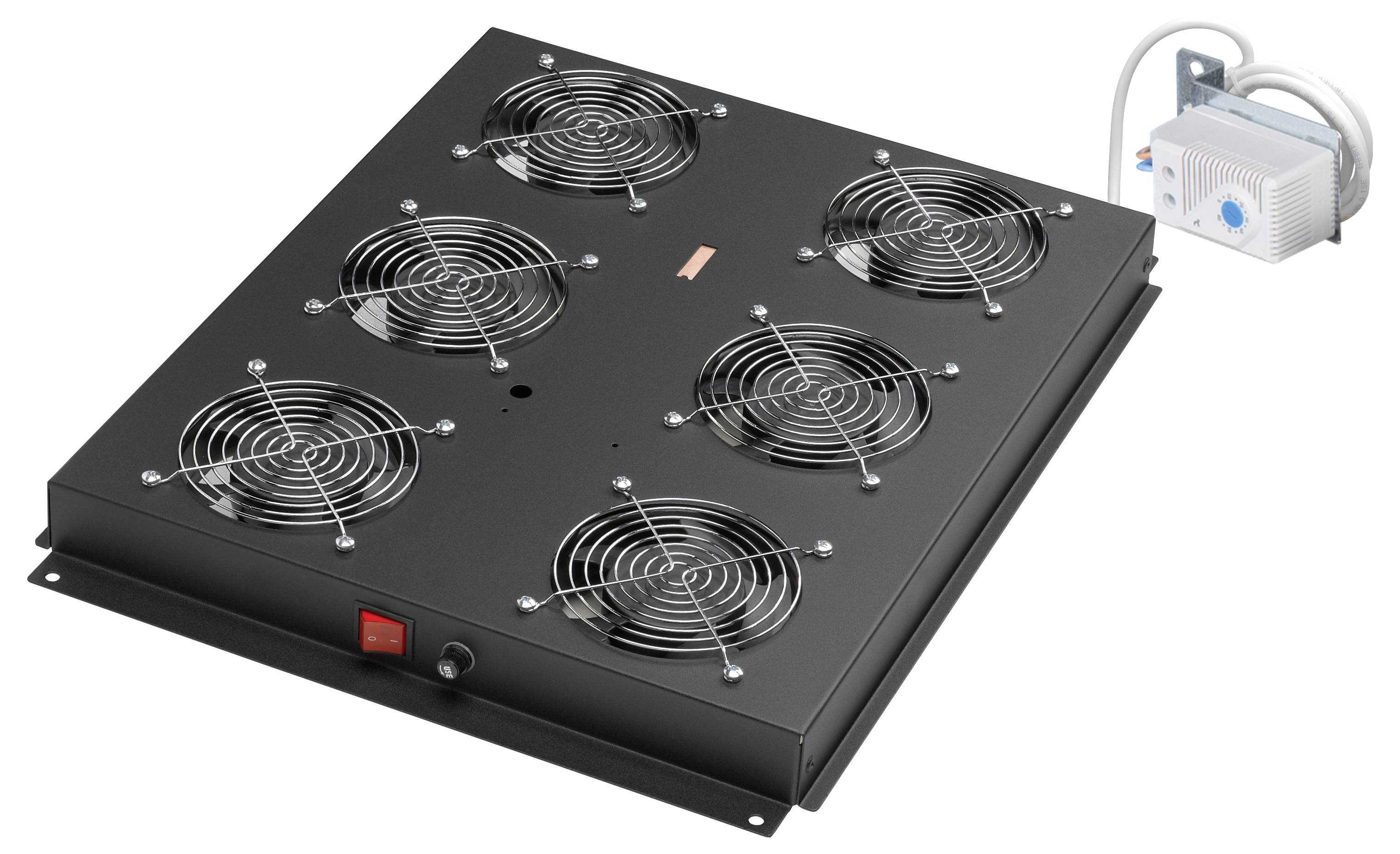 Crni uređaj za hlađenje sa šest ventilatora i zasebnim upravljačkim modulom koji služi za klimatizaciju uređaja ili prostora.