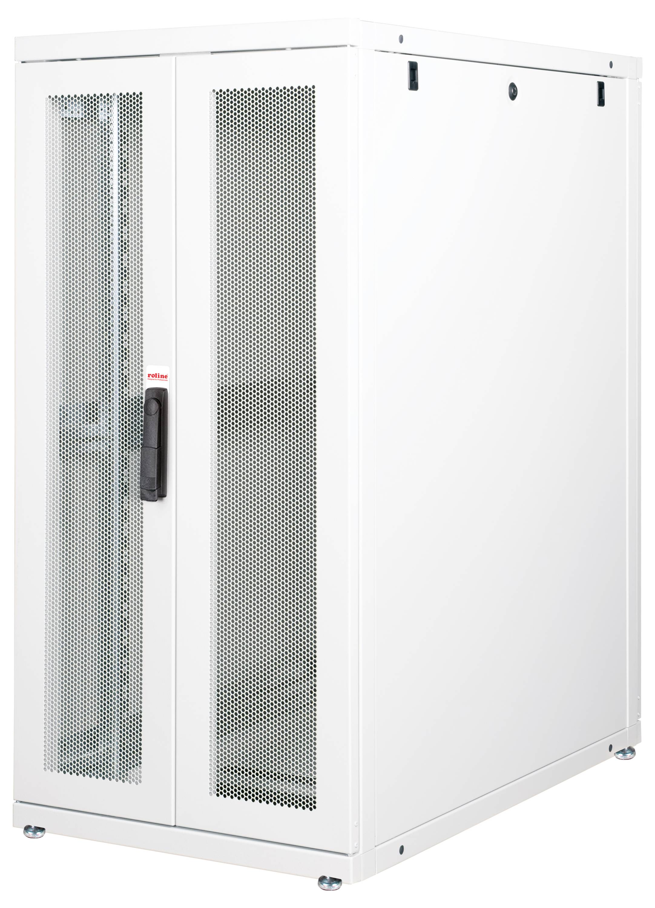 Bijeli ormar za server-rack s dva perforirana vrata za ventilaciju. Pogodan za pohranu IT opreme u podatkovnim centrima.