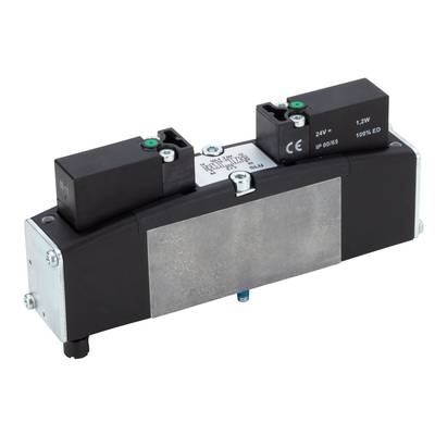 Crni električki magnetni ventil s dvije crne zavojnice, etiketama i priključcima. Koristi se za hidrauličke primjene.