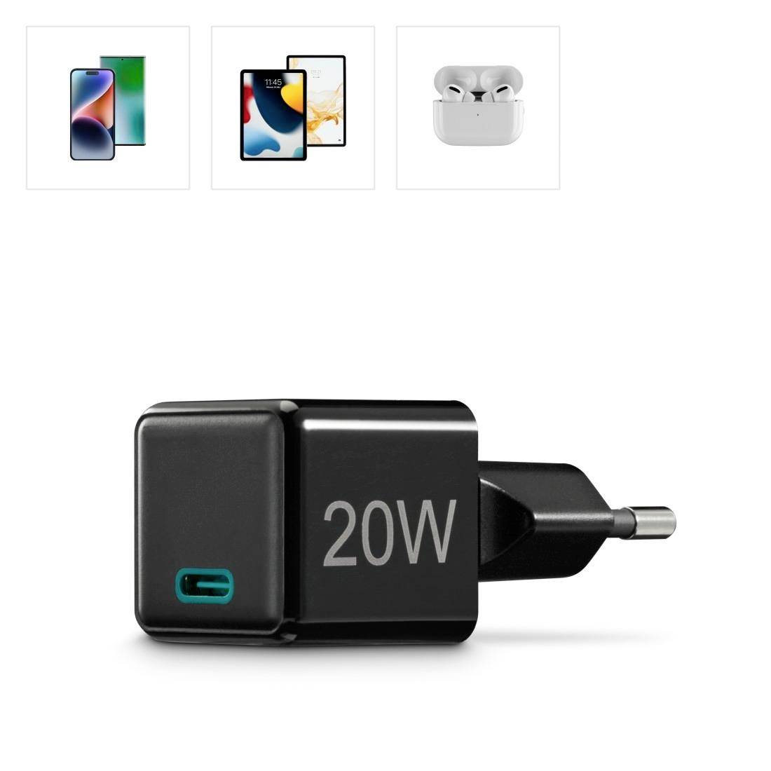 Crni 20W punjač s USB-C priključkom, kompatibilan s pametnim telefonima i pametnim satovima. Gore lijevo prikazane su slike uređaja.