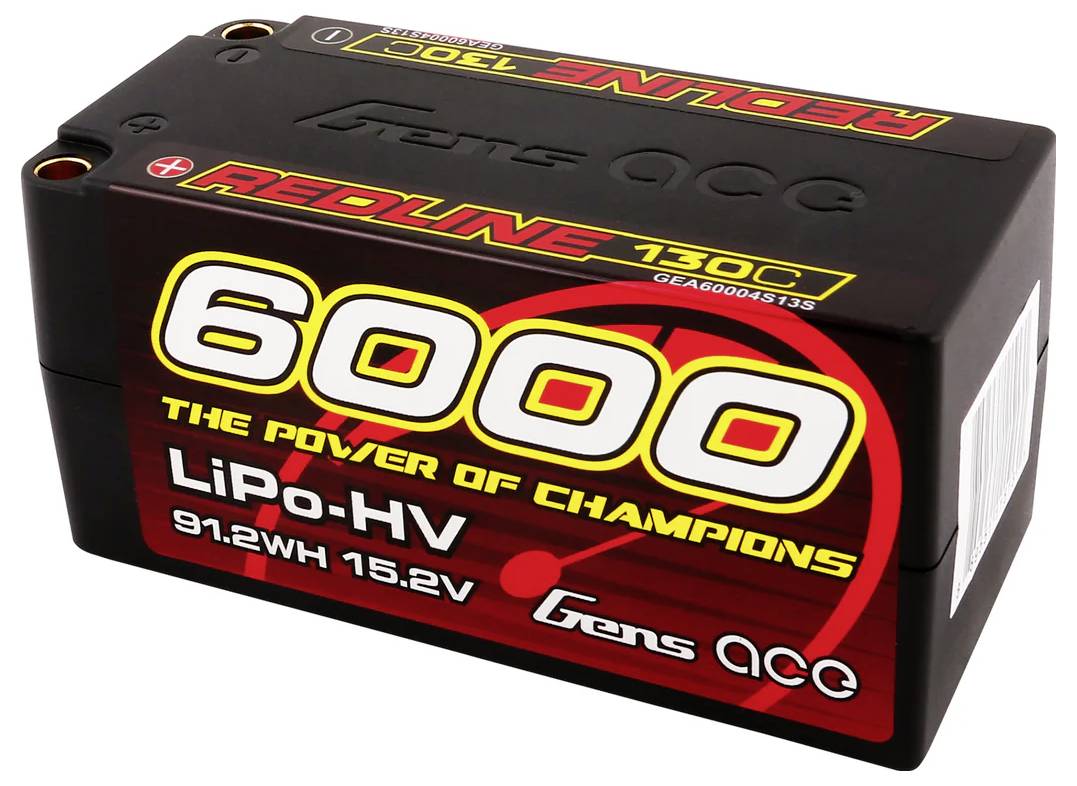 LiPo-HV 6000 baterija od Gens Acea, 91,2WH, 15,2V, model 'Redline 130C'. Slogan: 'Snaga prvaka'. Dinamosimbol u pozadini.