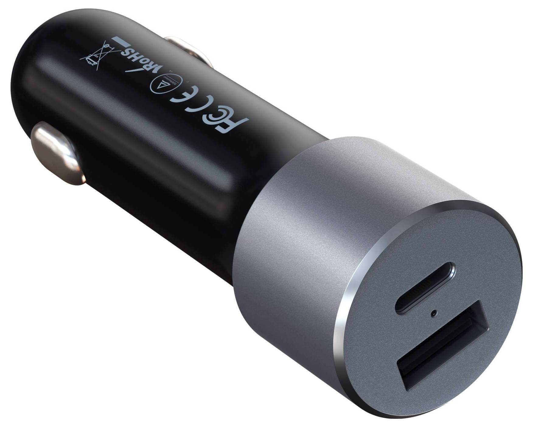 Crni USB auto punjač s dva porta, USB-A i USB-C, pogodan za punjenje elektroničkih uređaja.