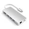 Srebreni USB-C hub s više priključaka: USB, HDMI, Ethernet i USB-C ulaz za napajanje. Idealan za povezivanje više uređaja na prijenosno računalo.
