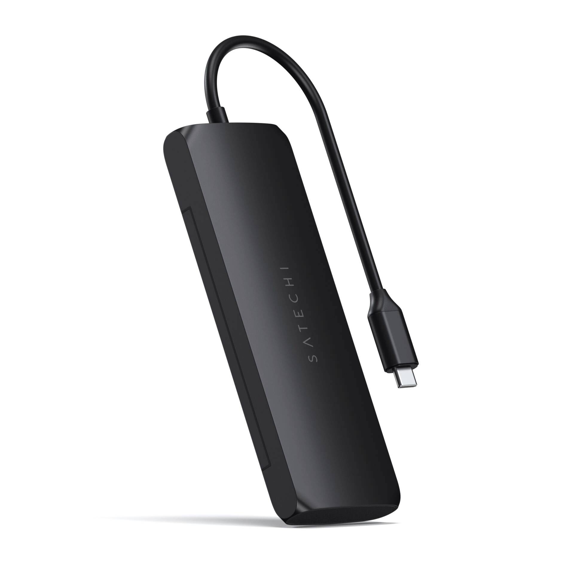 Sivi USB-C hub od Satechija s više priključaka, pogodan za prijenosna računala za proširenje mogućnosti povezivanja.