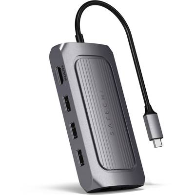 Sivi USB-C hub s više priključaka, uključujući HDMI i USB. Na prednjoj strani natpis 'Satechi'.