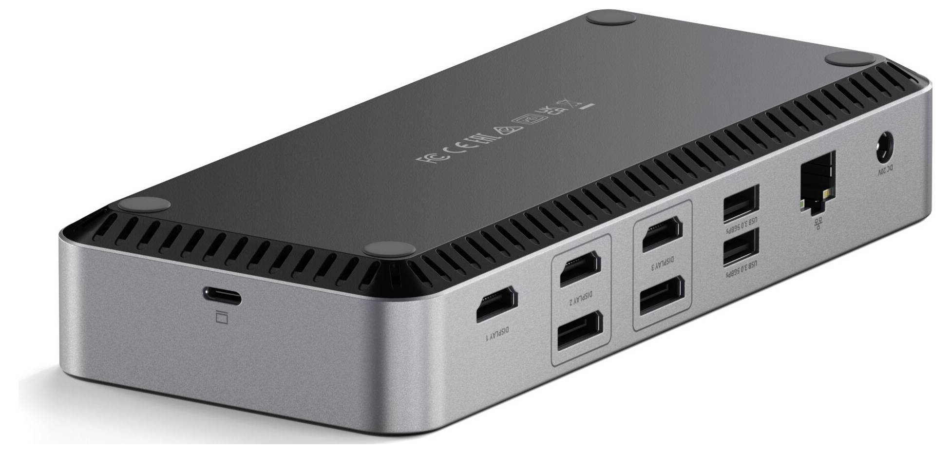 Srebrni USB hub s više priključaka, uključujući USB-C i mrežni priključak. Služi za povezivanje više uređaja.