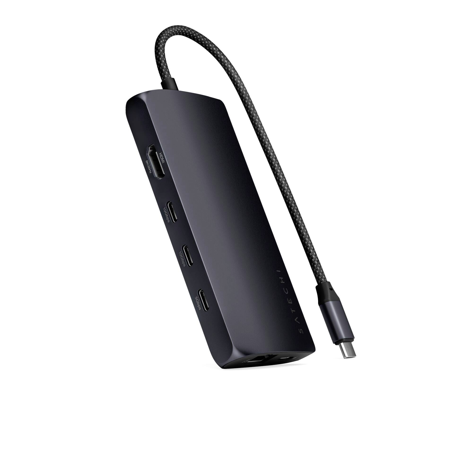 USB-C višeportni adapter s HDMI-jem, USB-A i dva USB-C priključka, tekstilom obložen kabel, boja: crna.