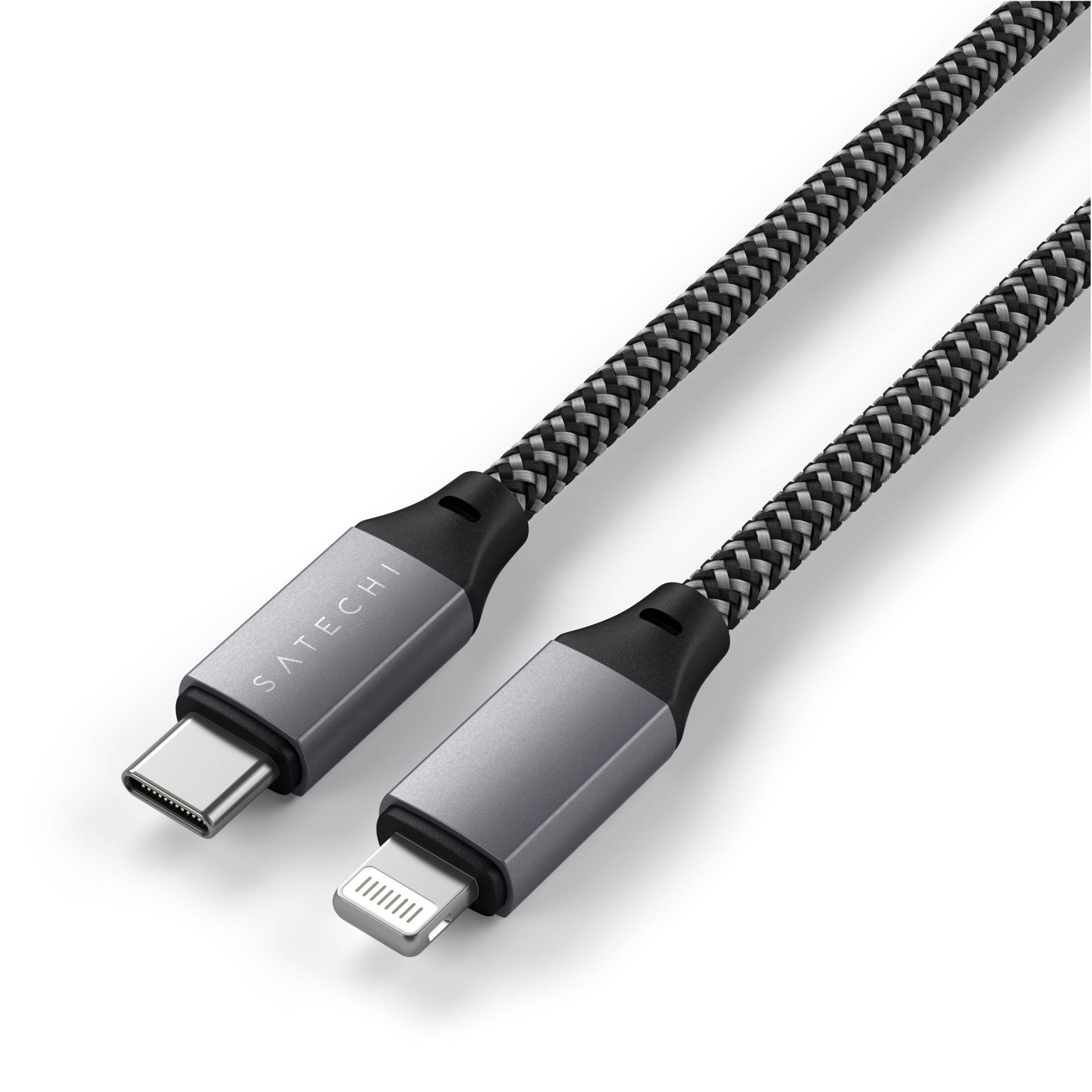 Dva isprepletena kabela, jedan s USB-C priključkom, a drugi s Lightning priključkom, leže jedan pokraj drugoga.