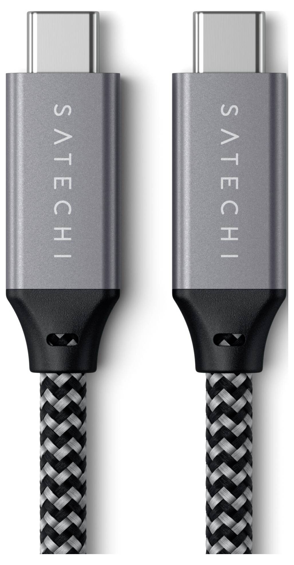 Dva siva USB-C kabela s natpisom 'Satechi', pleteni crno-bijeli plašt kabela, položeni jedan do drugog.