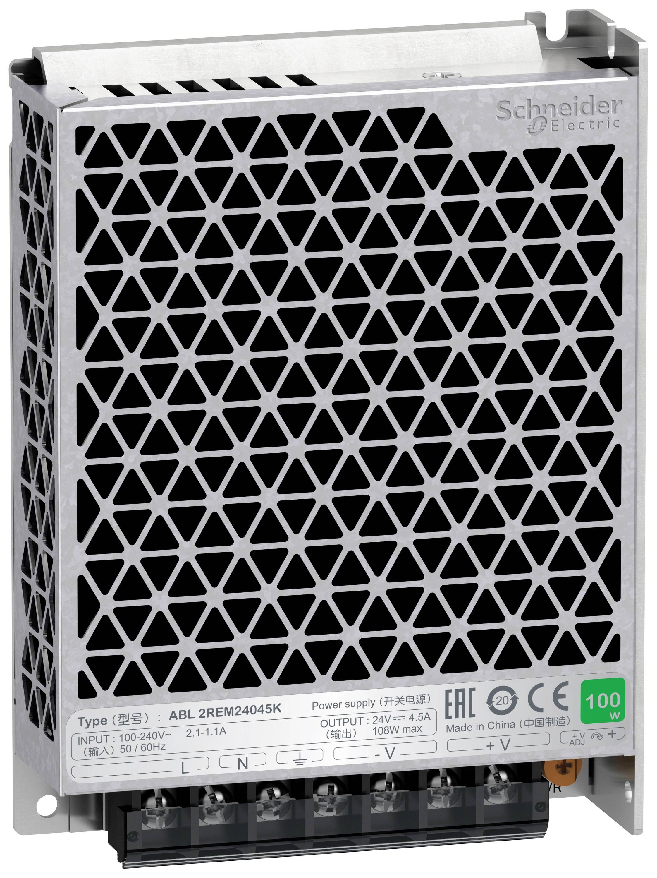 Mrežni napajač tvrtke Schneider Electric s ventilacijskom rešetkom, model ABL 2REM24045K, prikazuje ulazne i izlazne podatke na prednjoj strani.