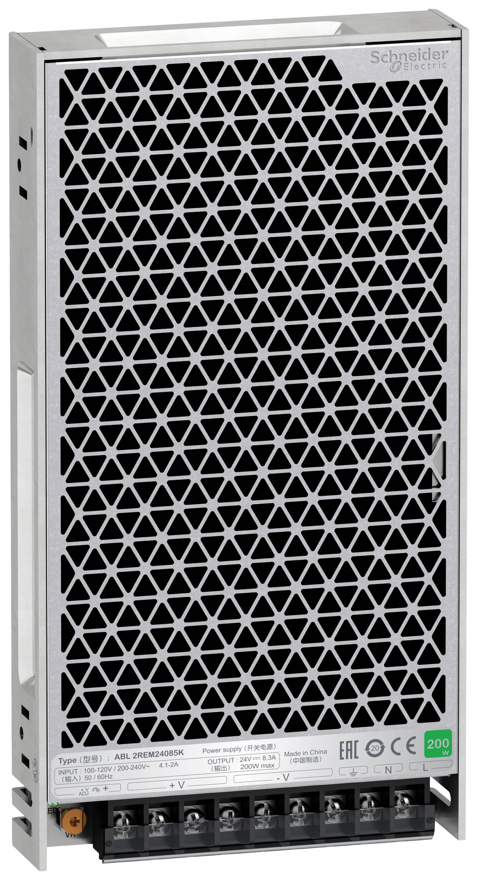 Pravokutni električni uređaj s ventilacijskom rešetkom sprijeda, logotipom marke gore desno i priključcima dolje.