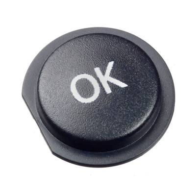 Crni okrugli gumb s bijelim tekstom 'OK'. Pogodan za potvrđivanje naredbi na elektroničkim uređajima.