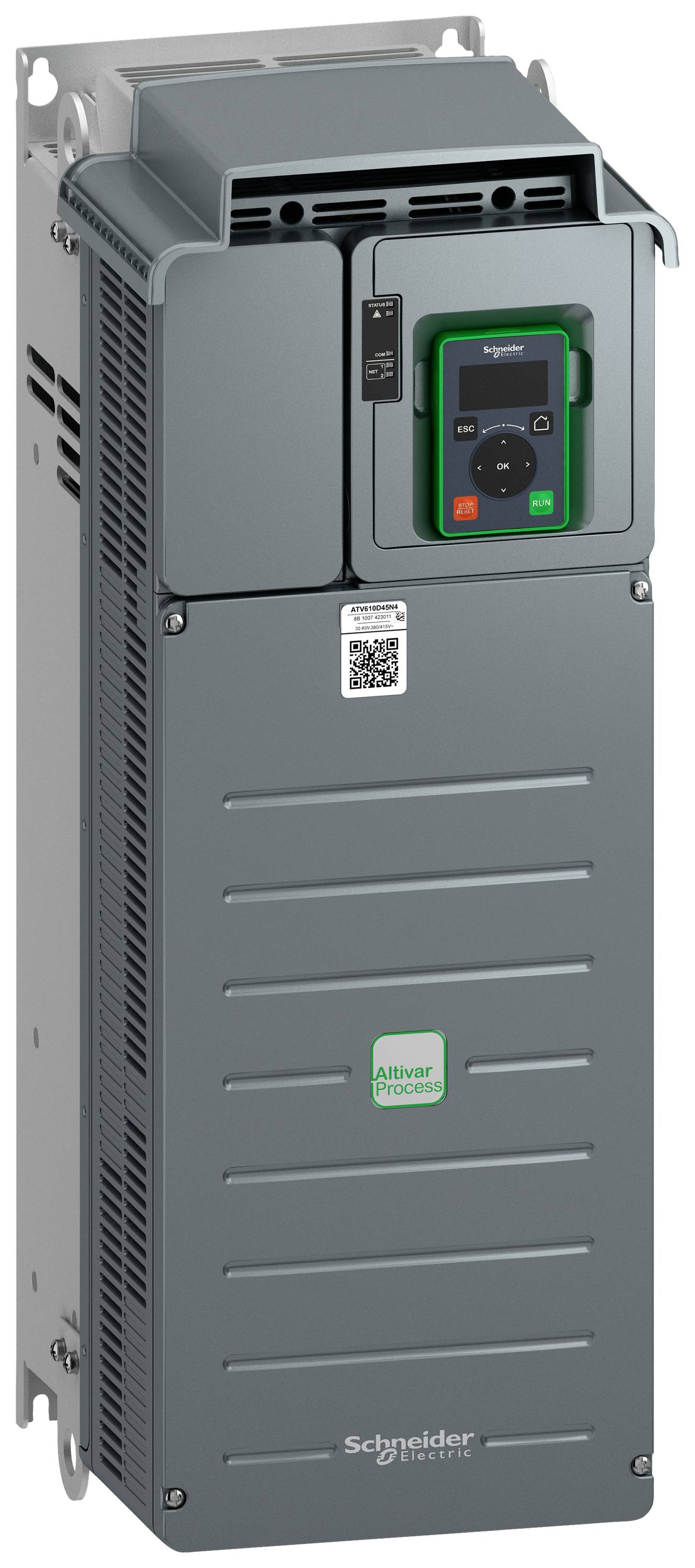 Sivo-zeleni frekventni pretvarač od Schneider Electrica, model Altivar Process, s upravljačkom pločom i QR kodom na prednjoj strani.