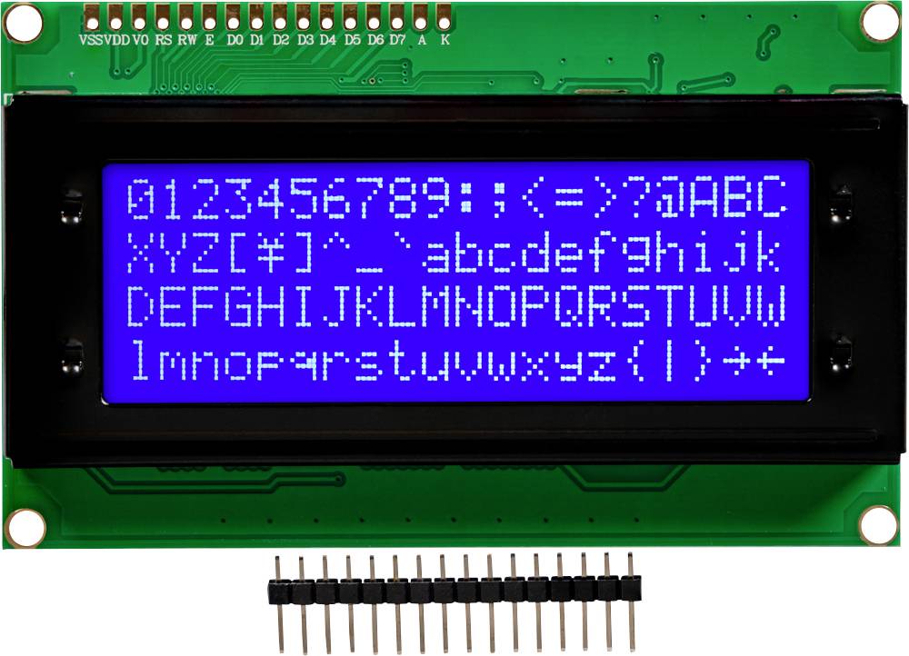 Plavi LCD zaslon s bijelim tekstom prikazuje alfanumeričke znakove: brojeve, velika i mala slova, posebne znakove.