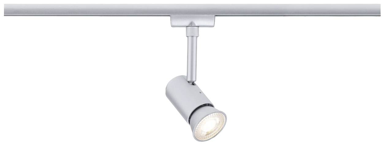 Srebrna stropna lampa s cilindričnim reflektorom pričvršćenim na šinu, koja osvjetljava prema dolje.