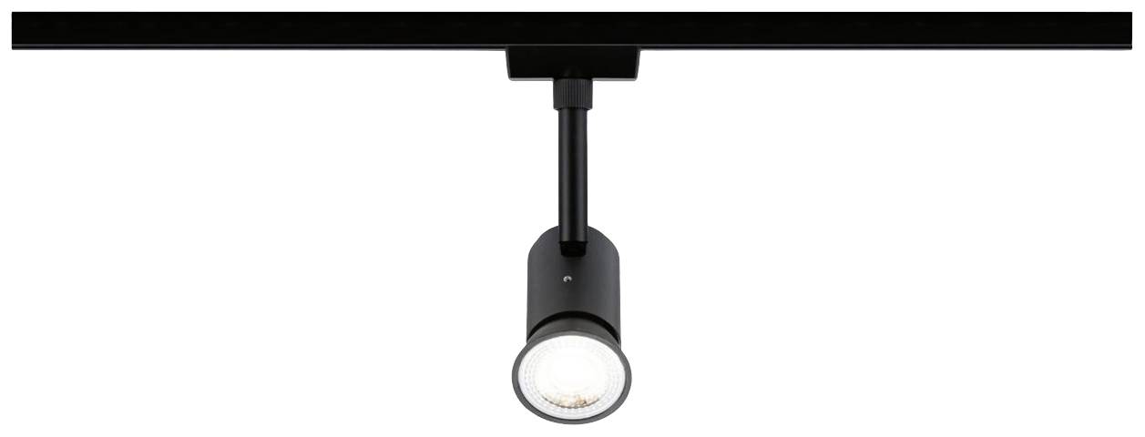 Crna stropna tračna svjetiljka s cilindričnim reflektorom usmjerena je prema dolje. Minimalistički dizajn, fokusirano svjetlo.